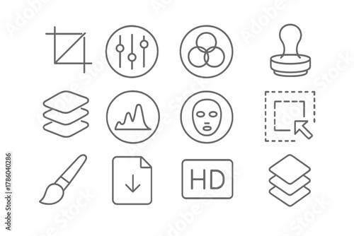 Photo Editing Icons. Line style round vector icons of Photo Editing: Crop Tool, Adjustment Sliders, Color Balance, Clone Stamp;