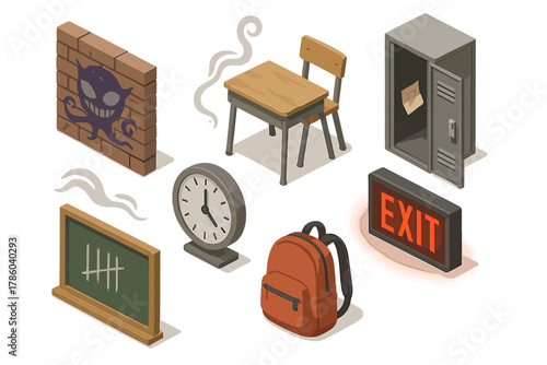 Eerie Urban Legends. Isometric vector illustration set of Urban legends: cryptic graffiti, haunted school desk, locker with secret