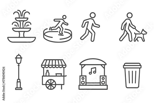 City Park Line Icons. Line style icons of City Park: Fountain, Skating Rink, Jogger, Dog Walker, Streetlight, Food Cart, Music