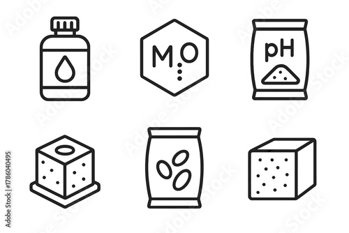 Nutrient Line Icons. Line style icons of nutrients and growing media: nutrient bottle, mineral formula icon, pH buffer powder,