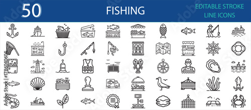 Editable stroke icon set of fishing and seafood industry elements. Includes fish, hook, net, boat, anchor, rod, market, shell, shrimp, compass, lighthouse, and marine aquaculture tools.