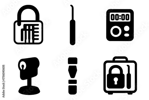 Competitive Lockpicking Icons. Line style icons of Competitive Lockpicking: transparent training lock, precision hook pick, lock