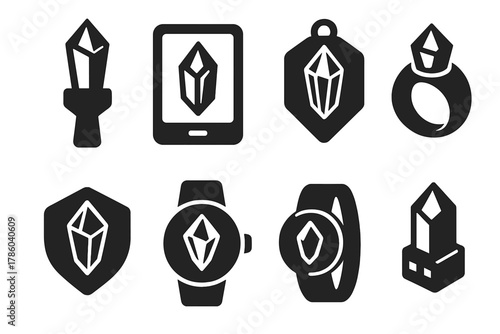 Crystal Tech Icons. Solid style icons of portable crystal devices: handheld prisms, mobile light pads, mini data gems. Wearable