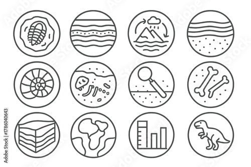 Geological Time Icons. Line style icons of geological time in round shape: fossil in rock, sediment timeline, erosion cycle,