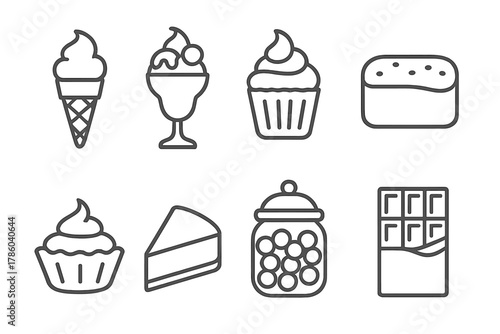 Dessert Icons. Line style icons of Dessert Shop: Ice Cream Cone, Sundae, Cupcake, Brownie, Tart, Cheesecake, Candy Jar, Chocolate