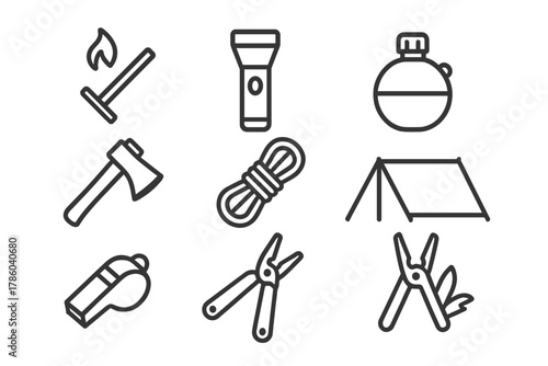 Survival Gear Icons. Line style icons of Survival Gear: Firestarter, Flashlight, Canteen, Hatchet, Rope, Shelter Tarp, Whistle,