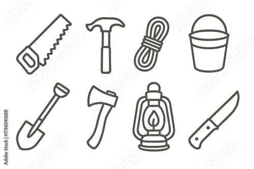 Cabin Tools Icons. Line style icons of Cabin tools: saw, hammer, rope, bucket, shovel, hatchet, lantern, knife, No text, No labels