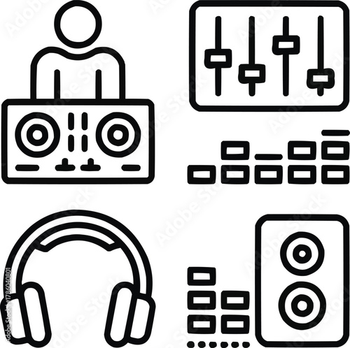 DJ and Dancefloor Outline Icon Set   Turntables, Mixer, Headphones, and Speakers
