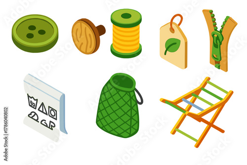 Sustainable Fashion Icons. Isometric vector illustration set Sustainable fashion – biodegradable button, wooden cufflink, shell