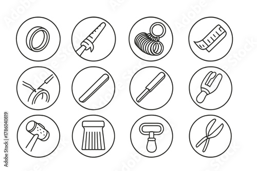 Ring Making Tools. Line style round vector icons of Ring Making: Ring Blank, Ring Mandrel, Finger Gauge, Sizing Tape; Joint Solder