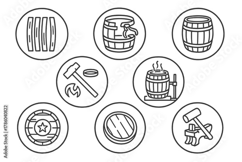 Cooperage Line Icons. Line style icons of cooperage in round shape: barrel staves, hoop fitting, open head, hammering tool;