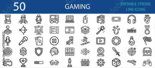 Editable line icon collection of gaming and esports elements. Includes joystick, console, headset, keyboard, trophy, sword, target, cards, live stream, and entertainment symbols.