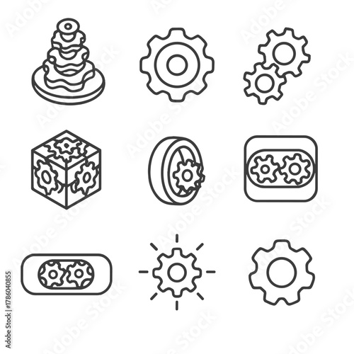 Gear Fidget Icons. Line style icons of Gears & Cogs Fidgets: mini gear set, spinning cog, interlocking gears, gear cube, gear ring