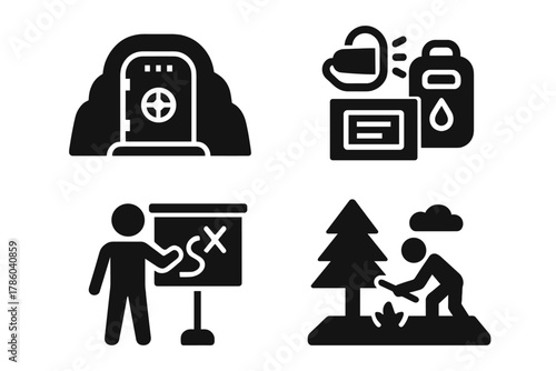 Apocalypse Survival Icons. Solid style icons of apocalypse survival schools: shelter entrance glyph, emergency gear icon, survival