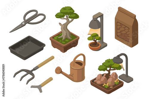 Bonsai Gardening Essentials. Isometric vector illustration set of Bonsai gardening: repotting scissors, tanuki bonsai, mulch