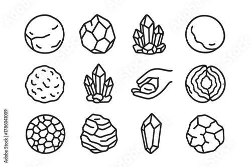 Rock Line Icons. Line style icons of rough rocks in round shape: uncut stone, raw mineral, jagged rock, pocket stone; natural