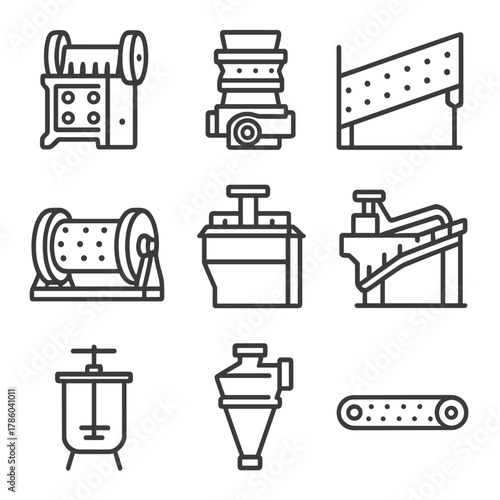 Mineral Equipment Icons. Line style icons of Mineral Processing Equipment: jaw crusher, cone crusher, vibrating screen, ball mill,