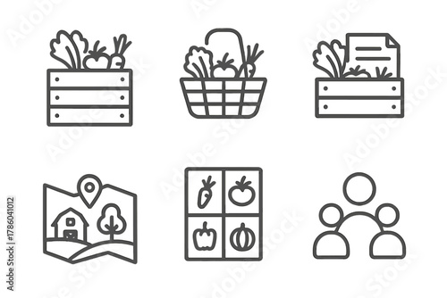 Community Agriculture Icons. Line style icons of community-supported agriculture: CSA box, pickup basket, subscription crate,