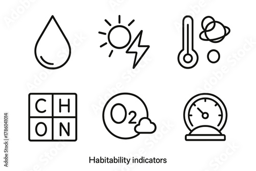 Habitability Icon Set. Line style icons of habitability indicators: liquid water droplet, energy source icon, stable temperature