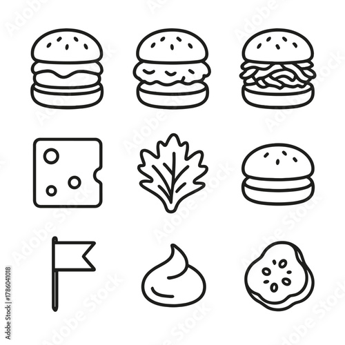 Slider Trio Icons. Line style icons of Slider Trio Bites: mini beef slider, chicken slider, pulled pork slider, cheese slice,
