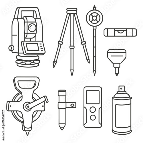 Survey Instruments Icons. Line style icons of Surveying and Layout Instruments: total station, survey tripod, prism pole, level