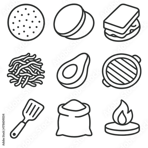 Arepa Icon Set. Line style icons of Arepa Grill Booth: corn arepa patty, split arepa, cheese filling, shredded meat, avocado slice