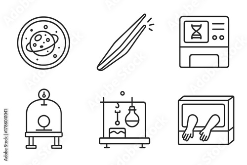 Astrobiology Lab Tools. Line style icons of astrobiology lab tools: petri dish with space sample, sterilized tweezers, DNA