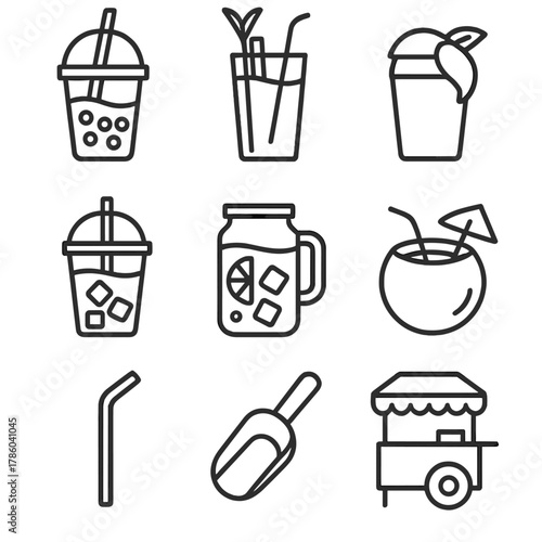 Street Beverage Icons. Line style icons of Street Beverage Cart: bubble tea cup, sugarcane juice glass, mango lassi cup, Thai iced