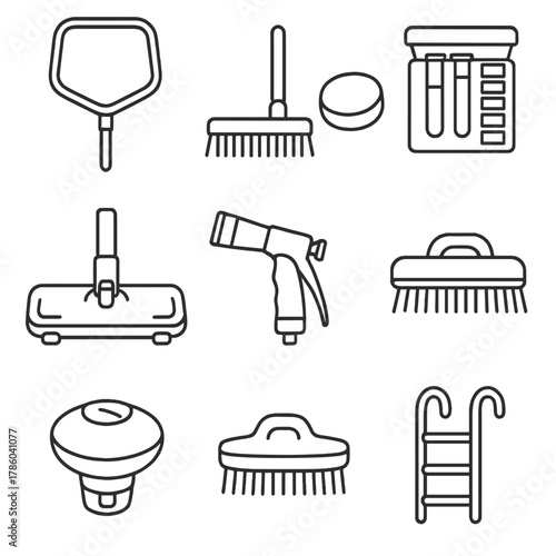 Pool Maintenance Icons. Line style icons of Pool Maintenance Tools: skimmer net, brush pole, chlorine tablet, water test kit,