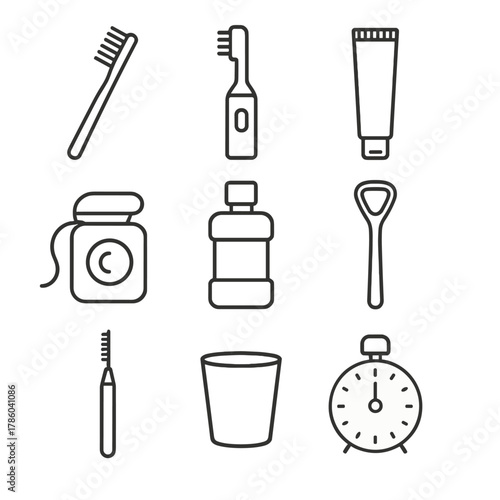 Oral Hygiene Icons. Line style icons of Oral Hygiene Tools: manual toothbrush, electric toothbrush, toothpaste tube, floss spool,