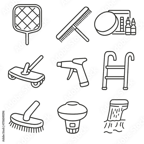Pool Maintenance Icons. Line style icons of Pool Maintenance Tools: skimmer net, brush pole, chlorine tablet, water test kit,