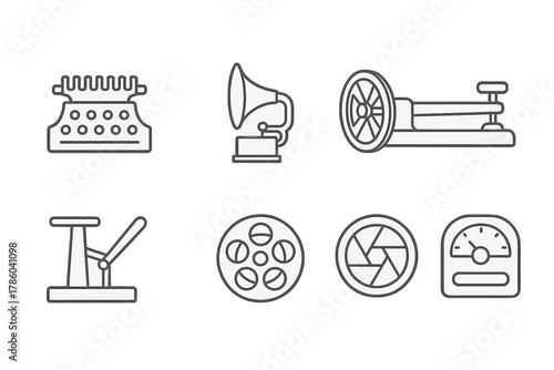 Vintage Machinery Icons. Line style icons of Vintage machinery: typewriter gear, phonograph crank, sewing machine wheel, telegraph