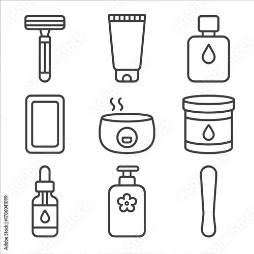 Shaving & Waxing Essentials. Line style icons of Shaving & Waxing Kit: safety razor, shaving cream tube, aftershave splash, waxing