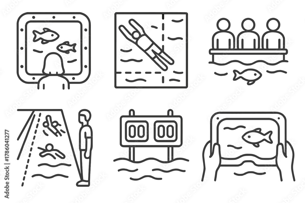 Obraz premium Underwater Viewing Icons. Line style icons of underwater spectatorship: view from glass window, top-down camera angle, team bench