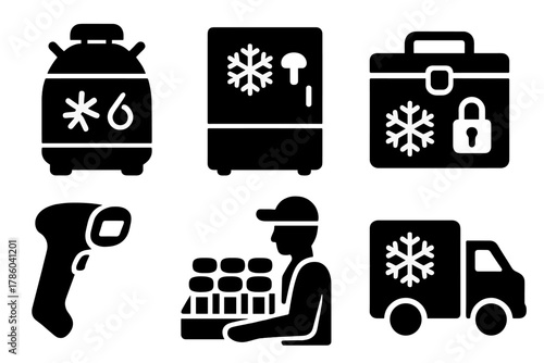 Cryopreservation Storage Icons. Solid style icons of FMT storage and transport: cryopreservation unit, stool bank freezer, sealed