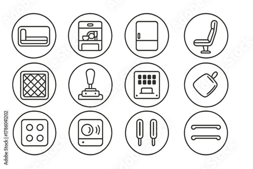 Space Station Interior Icons. Line style round vector icons of Space Station Interior: Sleeping Quarters, Food Dispenser, Storage