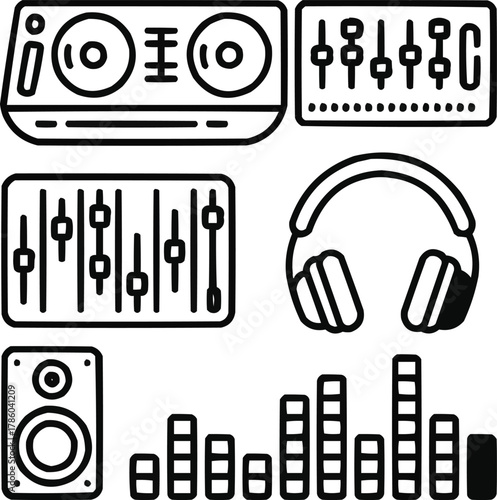 DJ and Dancefloor Outline Icon Set  Turntables, Mixer, Headphones, and Speakers