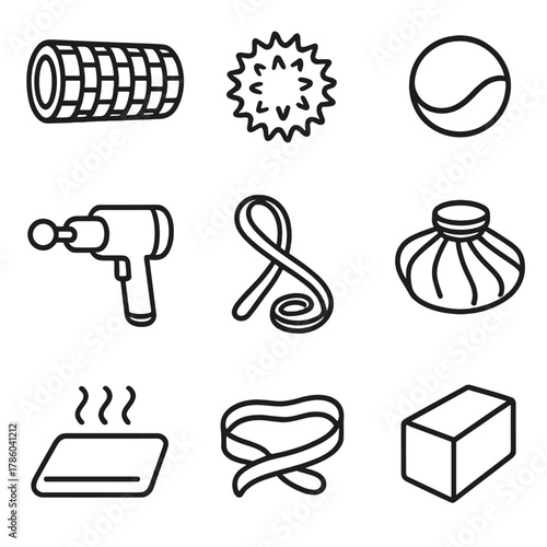 Recovery Tools Icons. Line style icons of Recovery & Mobility: foam roller, massage ball, lacrosse ball, massage gun, stretching
