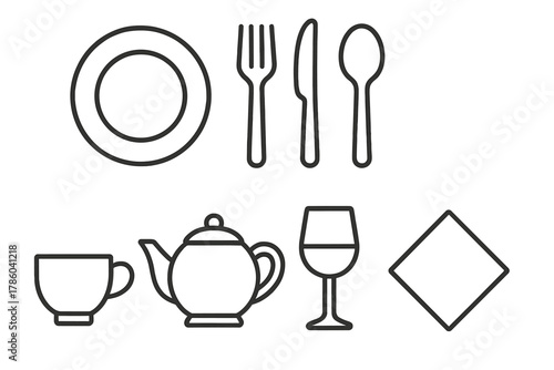 Tableware Line Icons. Line style icons of Tableware: Plate, Fork, Knife, Spoon, Cup, Teapot, Wine Glass, Napkin, No text, No