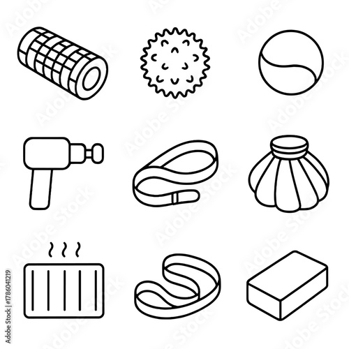 Recovery Tools Icons. Line style icons of Recovery & Mobility: foam roller, massage ball, lacrosse ball, massage gun, stretching