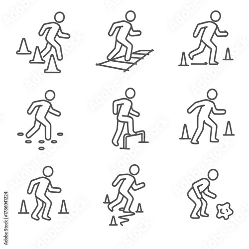 Agility Drill Icons. Line style icons of Agility Drills: cone weave, ladder drill, shuttle run, dot drill, hurdle step, side