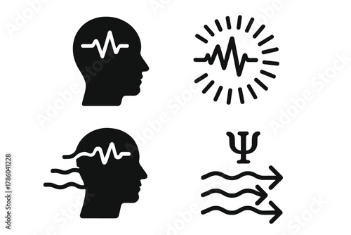 Brainwave Transmission Icons. Solid style icons of brainwave transmission: pulse signal from forehead, wave burst icon, thought