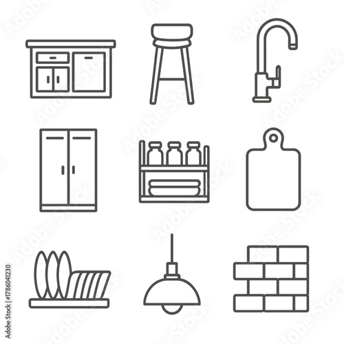 Kitchen Fixtures Icons. Line style icons of Kitchen Fixtures: kitchen island, bar stool, sink faucet, pantry cabinet, spice rack,