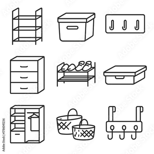 Storage Solutions Icons. Line style icons of Storage Solutions: modular shelving, storage bin, drawer unit, wall hook panel, shoe