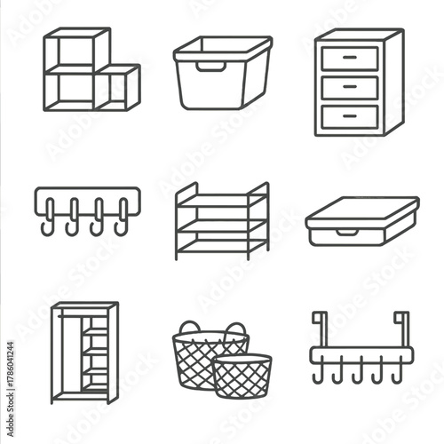 Storage Solutions Icons. Line style icons of Storage Solutions: modular shelving, storage bin, drawer unit, wall hook panel, shoe