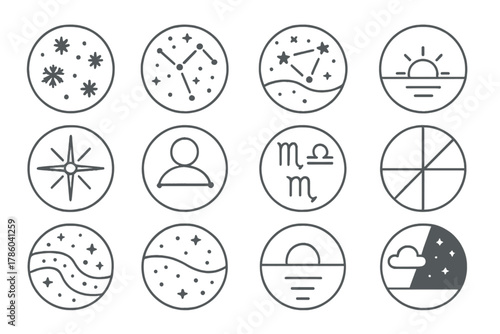 Seasonal Sky Icons. Line style round vector icons of Astronomical Seasons: Winter Sky, Spring Constellations, Summer Triangle,