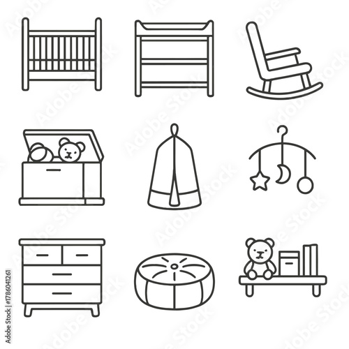 Nursery Furniture Icons. Line style icons of Nursery Furniture: convertible crib, changing table, rocking chair, toy chest, diaper