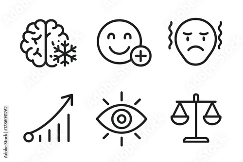 Cryotherapy Icon Set. Line style icons of cryotherapy for mental clarity: brain chill relief, endorphin boost, anxiety reduction,