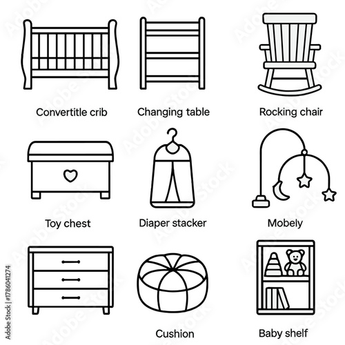 Nursery Furniture Icons. Line style icons of Nursery Furniture: convertible crib, changing table, rocking chair, toy chest, diaper