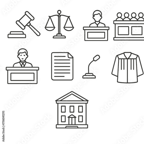Courtroom Essentials Icons. Line style icons of Courtroom Essentials: judge gavel, scales of justice, witness stand, jury bench,